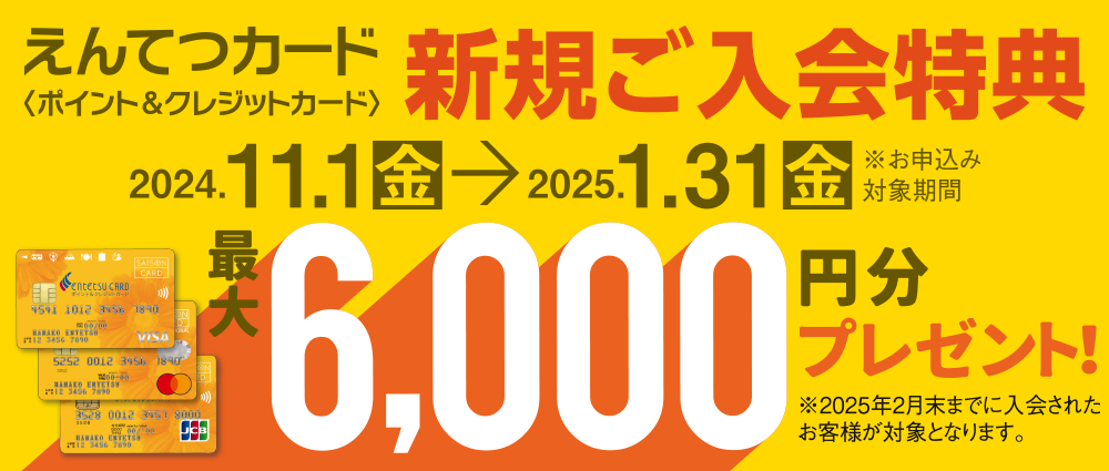 期間中、カード入会＆ご利用でえんてつポイント最大6,000ptプレゼント